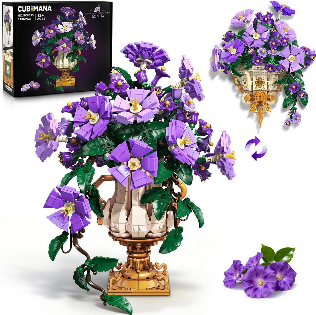 Blumen-Bauset mit Vase - 2-in-1 Prunkwinden-Bonsai-Bausteine