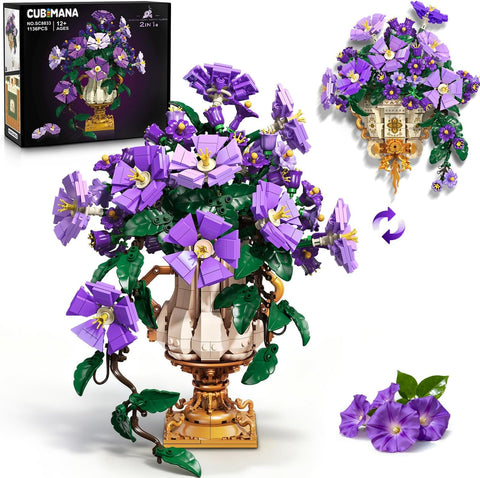 Blumen-Bauset mit Vase - 2-in-1 Prunkwinden-Bonsai-Bausteine