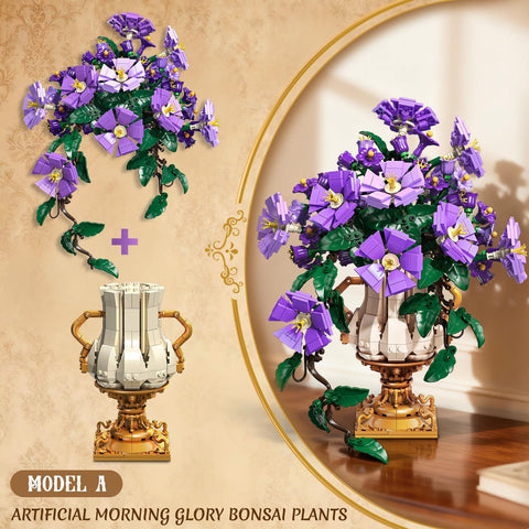 Blumen-Bauset mit Vase - 2-in-1 Prunkwinden-Bonsai-Bausteine