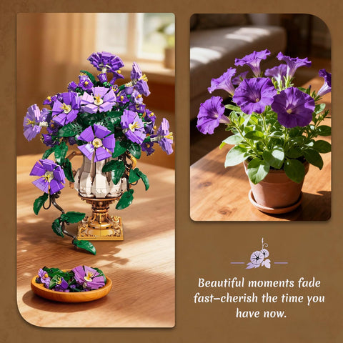 Blumen-Bauset mit Vase - 2-in-1 Prunkwinden-Bonsai-Bausteine