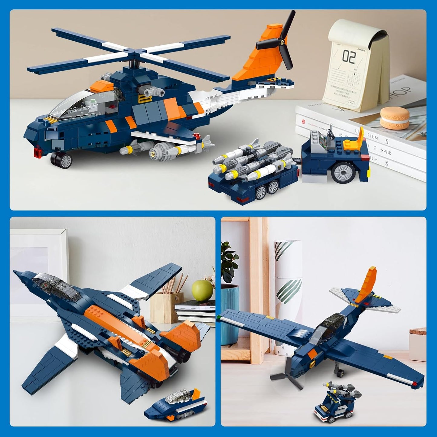 3-in-1-Kampfjet-Bausatz, Militärflugzeug-Bauspielzeug mit Fahrzeugen/Raketenwerfer/Motorboot-Modellspielzeug