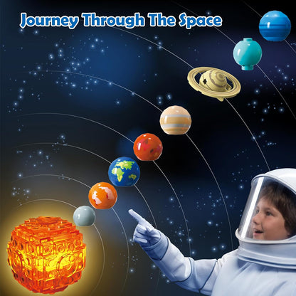 Technik Sonnensystem Bauspielzeug mit Licht – Kosmischeforschung Rotations Bauset mit 8 Planeten und Raketenständer