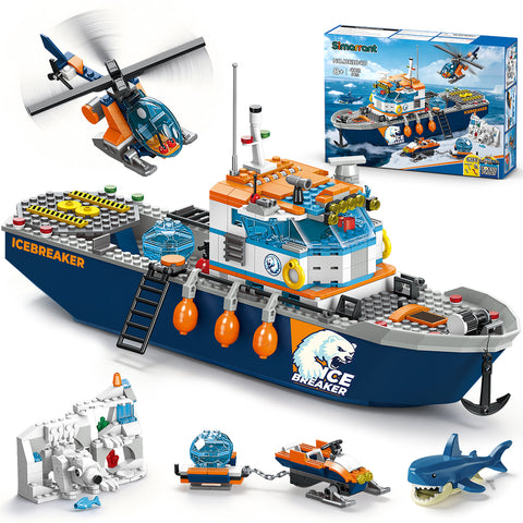 Arktis-Eisbrecher-Schiff-Bauset mit Hubschrauber, Boot und Eisbär