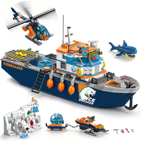 Arktis-Eisbrecher-Schiff-Bauset mit Hubschrauber, Boot und Eisbär