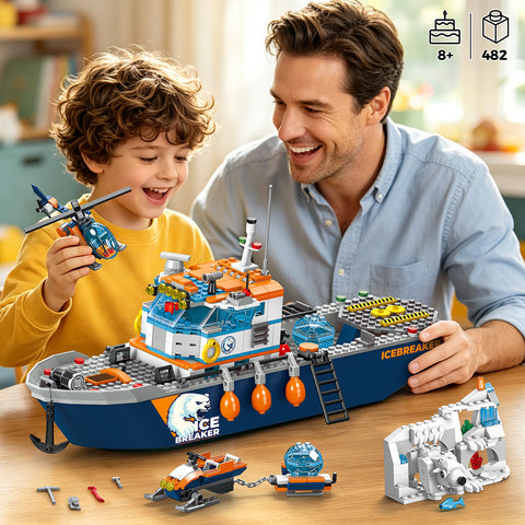 Arktis-Eisbrecher-Schiff-Bauset mit Hubschrauber, Boot und Eisbär