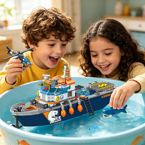 Arktis-Eisbrecher-Schiff-Bauset mit Hubschrauber, Boot und Eisbär