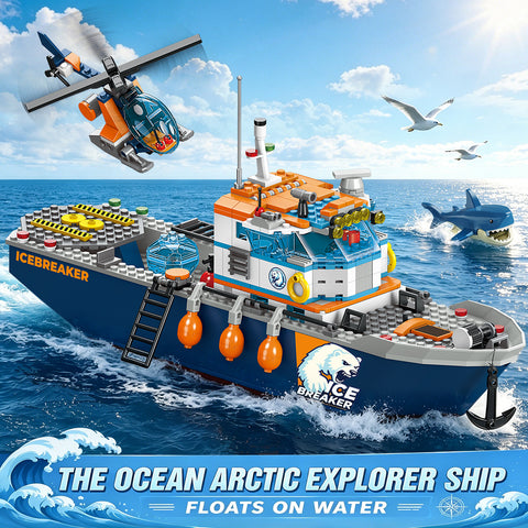 Arktis-Eisbrecher-Schiff-Bauset mit Hubschrauber, Boot und Eisbär