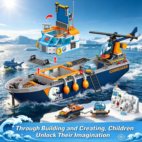 Arktis-Eisbrecher-Schiff-Bauset mit Hubschrauber, Boot und Eisbär