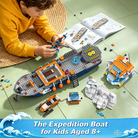 Arktis-Eisbrecher-Schiff-Bauset mit Hubschrauber, Boot und Eisbär