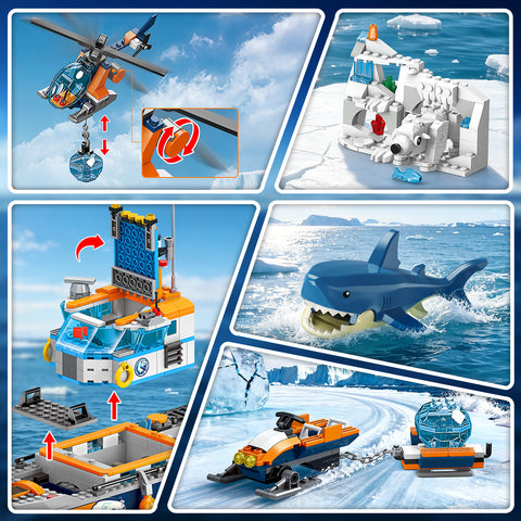 Arktis-Eisbrecher-Schiff-Bauset mit Hubschrauber, Boot und Eisbär