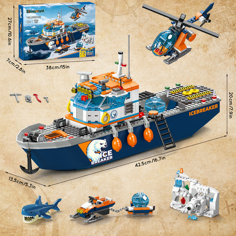 Arktis-Eisbrecher-Schiff-Bauset mit Hubschrauber, Boot und Eisbär