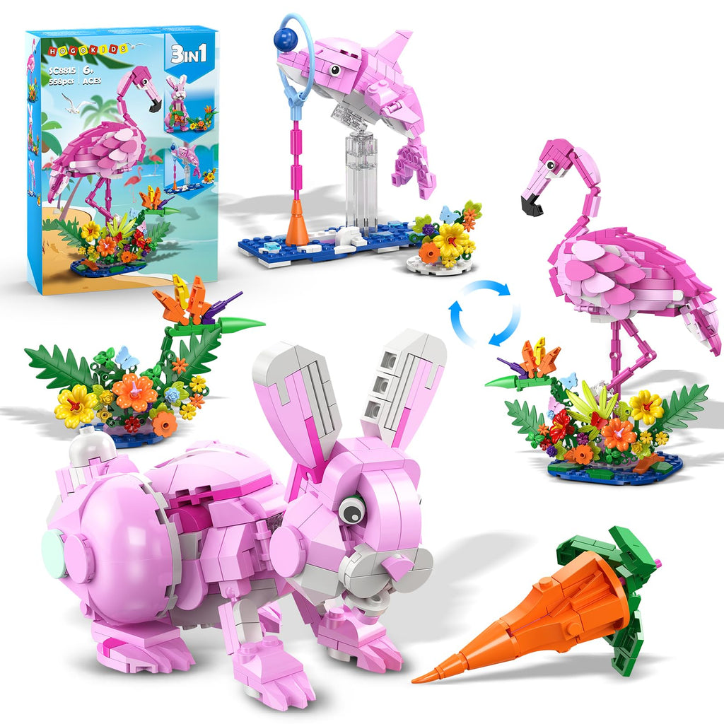 HOGOKIDS 3-in-1 Flamingo Bauset mit Blumen – Rosa Tiermodell mit 3 Bauoptionen