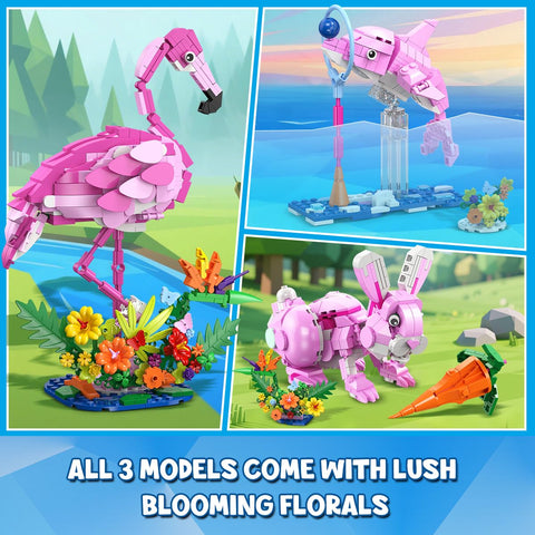 HOGOKIDS 3-in-1 Flamingo Bauset mit Blumen – Rosa Tiermodell mit 3 Bauoptionen