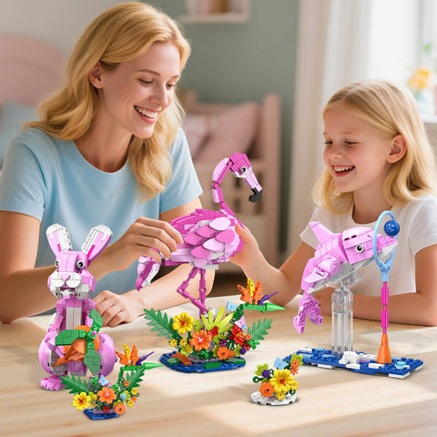 HOGOKIDS 3-in-1 Flamingo Bauset mit Blumen – Rosa Tiermodell mit 3 Bauoptionen