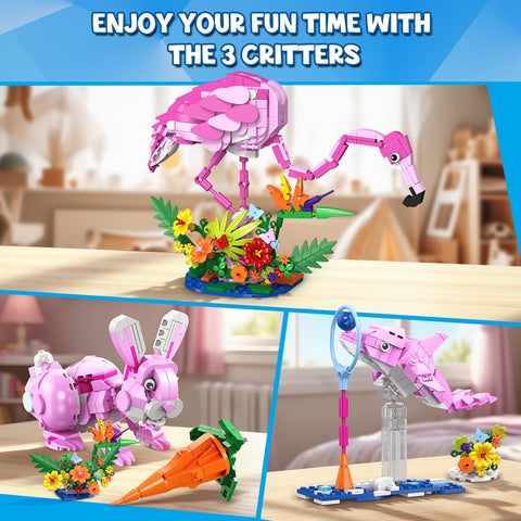 HOGOKIDS 3-in-1 Flamingo Bauset mit Blumen – Rosa Tiermodell mit 3 Bauoptionen