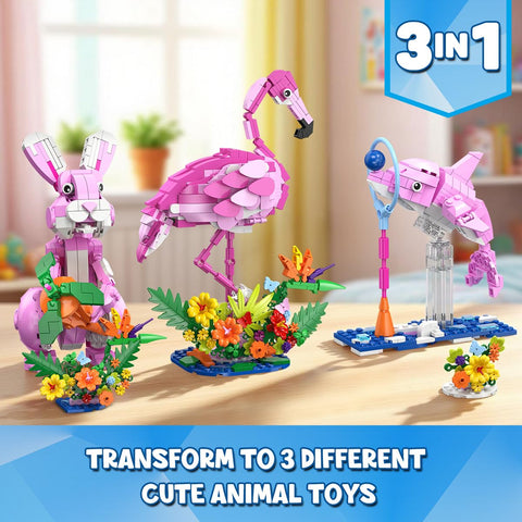 HOGOKIDS 3-in-1 Flamingo Bauset mit Blumen – Rosa Tiermodell mit 3 Bauoptionen