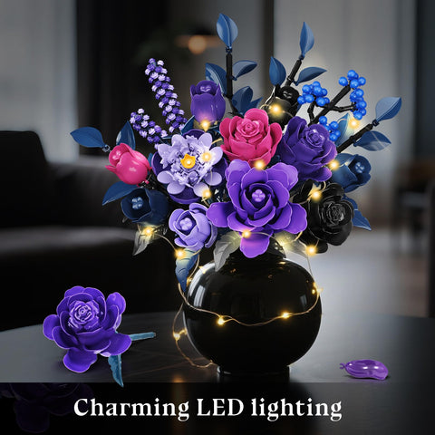 HiWEEGO Blumen Bauset - 17 Blume Blumenstrauß Bausteine mit LED