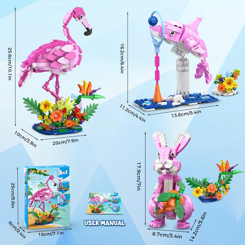 HOGOKIDS 3-in-1 Flamingo Bauset mit Blumen – Rosa Tiermodell mit 3 Bauoptionen